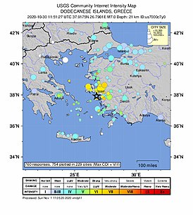 Эпицентр землетрясения в Эгейском море 30 октября 2020 года (Снимок USGS)