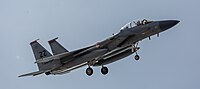 A US Air Force F-15C Eagle, tail number 83-0046, on final approach at Kadena Air Base in Okinawa, Japan