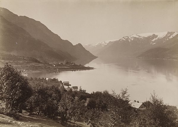 View of the Sørfjorden from Lofthus, looking towards the Folgefonna glacier (c. 1885)