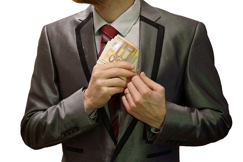 File:2 - corruption - man in suit - white background - euro banknotes hidden into left jacket inside pocket - royalty free, without copyright, public domain photo image.JPG