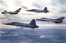 Two USAF F-5Es flanking a MiG-17 and MiG-21 of the 4477th Tactical Evaluation Squadron 4477th Test and Evaluation Squadron MiG 17 MiG 21 and two F-5s.jpg