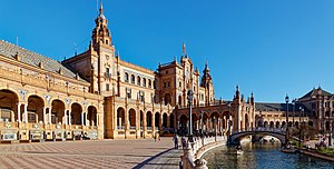 Plaza de Espana, Seville 9. Mai 1929, an diesem Tag wurde die Iberoamerikanische Ausstellung in Sevilla eroffnet. 02.jpg