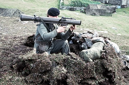Marine conscript aiming down the sights of Carl Gustaf anti-tank weapon during NATO exercise Northern Wedding in 1978