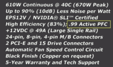 Specifications taken from the packaging of a 610 W PC power supply showing active PFC rating Active pfc PSU packaging.png