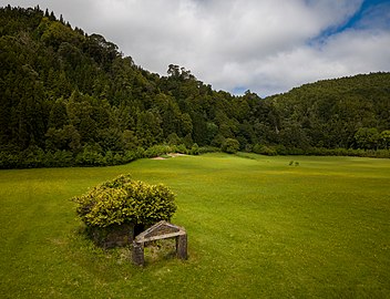 Aerial view of house ruins in the middle of a pasture, Povoação, São Miguel Island, Azores, Portugal