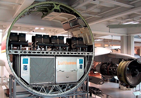 An Airbus A300's cross-section, showing cargo, passenger, and overhead areas