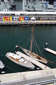 Akarana on display at the Australian National Maritime Museum, berthed beside the naval motor launch MB 172 Akarana and MB172.JPG