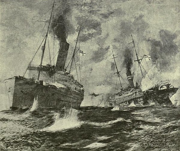 HMS Alcantara and SMS Greif dueling at close range during the action of 29 February 1916