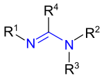 General structural formula of amidines.  The amidine group is marked in blue.