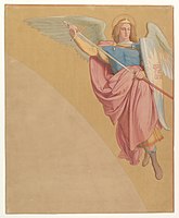 Archangel Drawing a Sword label QS:Len,"Archangel Drawing a Sword" label QS:Lnl,"Een aartsengel een zwaard trekkend" . 1825-1886. watercolor over black chalk. 45.5 × 37.2 cm (17.9 × 14.6 in). New York City, Metropolitan Museum of Art.