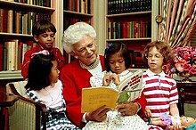 Barbara Bush in the White House Library Barbara Bush reading with children 30590.jpg