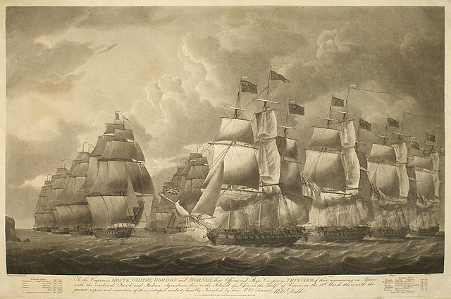 Amphion (centre) at the start of the Battle of Lissa, 13 March 1811