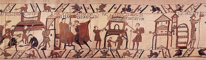 The construction of the castle of Hastings (left), Bayeux Tapestry Bayeux preparatifs.jpg