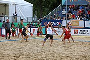 Deutsch: Beachhandball Europameisterschaften 2019 (Beach handball Euro); Tag 6: 7. Juli 2019 – Spiel um Platz Drei, Männer, Ungarn-Russland 2:0 (26:20, 23:22) English: Beach handball Euro; Day 6: 7 July 2019 – Men's Bronze Medal Match – Hungary-Russia 2:0 (26:20, 23:22)