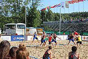 Deutsch: Beachhandball Europameisterschaften 2019 (Beach handball Euro); Tag 1: 2. Juli 2019 – Männer, Vorrunde Gruppe D, Frankreich-Montenegro 2:0 (19:7, 18:9) English: Beach handball Euro; Day 1: 2 July 2019 – Men Preliminary Round Group D – France-Montenegro 2:0 (19:7, 18:9)