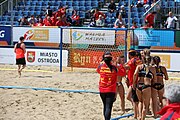 Deutsch: Beachhandball Europameisterschaften 2019 (Beach handball Euro); Tag 2: 3. Juli 2019 – Frauen, Vorrunde Gruppe C, Spanien-Griechenland 2:1 (12:20, 18:16; 8:2) English: Beach handball Euro; Day 2: 3 July 2019 – Women Preliminary Round Group C – Spain-Greece 2:1 (12:20, 18:16; 8:2)