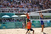 Deutsch: Beachvolleyball bei den Olympischen Jugendspielen 2018; Tag 11, 17. Oktober 2018; Jungen,Finale – Niederlande (Matthew Immers/Yorick de Groot)-Schweden (David Åhman/Jonatan Hellvig) 0:2 (20–22/15–21) English: Beach volleyball at the 2018 Summer Youth Olympics at 17 October 2018 – Final – Netherlands (Matthew Immers/Yorick de Groot)-Sweden (David Åhman/Jonatan Hellvig) 0:2 (20–22/15–21)