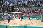 Deutsch: Beachvolleyball bei den Olympischen Jugendspielen 2018; Tag 11, 17. Oktober 2018; Jungen,Finale – Niederlande (Matthew Immers/Yorick de Groot)-Schweden (David Åhman/Jonatan Hellvig) 0:2 (20–22/15–21) English: Beach volleyball at the 2018 Summer Youth Olympics at 17 October 2018 – Final – Netherlands (Matthew Immers/Yorick de Groot)-Sweden (David Åhman/Jonatan Hellvig) 0:2 (20–22/15–21)