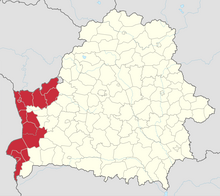 Parts of Belarus covered by Brest and Grodno regional visa-free provisions Belarus regional visa-free provisions in Grodno and Brest regions.png