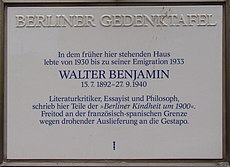 Berliner Gedenktafel Walter Benjamin Prinzregentenstraße 66 Berlin-Wilmersdorf.jpg