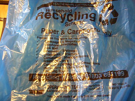 A blue bag used for recycling cardboard and paper, used by South Hams District Council, England