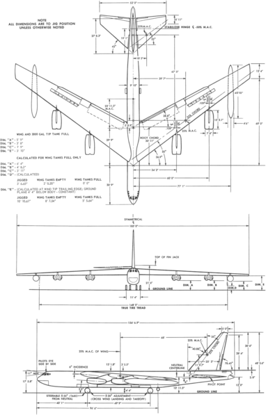 3-view line drawing of the Boeing B-52D Stratofortress