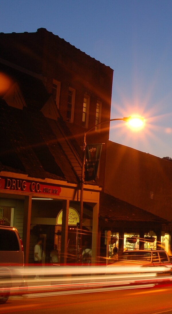 Boone Drug (left) looking west down King Street, Boone, North Carolina; where the group had their big busking break.