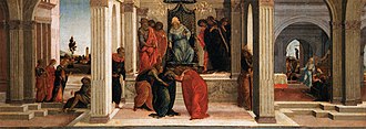The three scenes in the Louvre, Mordecai Lamenting ; Esther Faints Before Ahasuerus ; Haman Begs For Mercy In Vain, and Haman is hung in the background. Botticelli 03 Louvre.jpg
