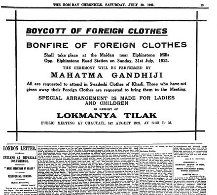 30 juillet, Inde : boycott des vêtements étrangers, annonce parue dans The Bombay Chronicle