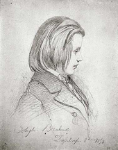 Johannes Brahms at the age of 20 in a drawing made in 1853 at Schumann's home in Dusseldorf by the French organist-artist Jean-Joseph Bonaventure Laurens Brahms-Laurens-1853.png