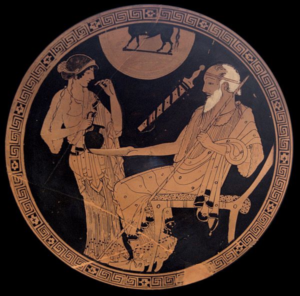 According to some sources, Briseis serves wine to Phoenix. Red-figure kylix by the Brygos Painter (c. 490 BC) Louvre G152.