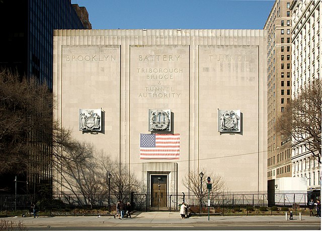 The granite-faced monumental ventilation building on the Manhattan side