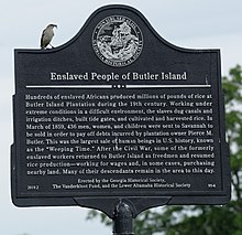 Historical marker on Butler Island Butler Plantation Weeping Time historical marker, McIntosh County, GA, US.jpg