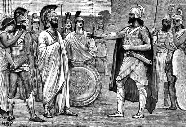 Meeting between Spartan king Agesilaus (left) and Pharnabazus II (right) in 395 BC, when Agesilaus agreed to remove himself from Hellespontine Phrygia