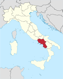 แผนที่ประเทศอิตาลีแสดงที่ตั้งของแคว้นคัมปาเนีย