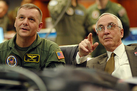 Vice Chairman of the Joint Chiefs of Staff U.S. Marine Gen. James E. Cartwright (left), and Deputy Defense Secretary Gordon R. England follow the progress of the SM-3