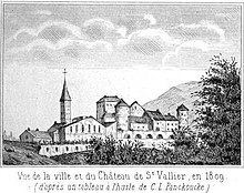 La ville et du château de Saint-Vallier en 1809, d'après un tableau à l'huile de C.L. Panckoucke.