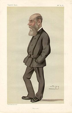 Caricature of Charles Boycott by Spy (Leslie Ward). Boycott is shown with a long grey beard, a long nose and a bald head.