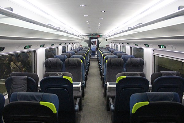 The standard-class interior of a refurbished Class 373