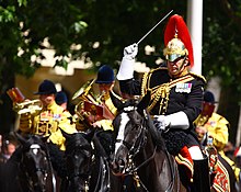 Майор Тим Купер, музыкальный директор The Blues and Royals, дирижирует конным оркестром The Blues and Royals.