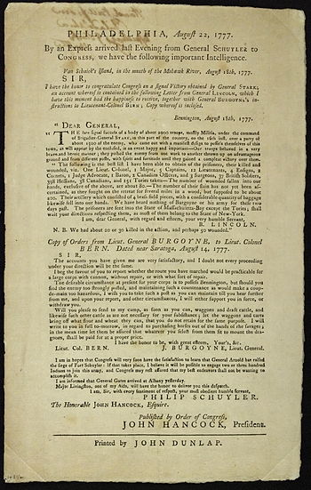 Continental Congress Broadside, 1777mentions Gen. Lincoln's letter.