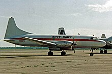 Convair 640 turboprop freighter of Kitty Hawk at Detroit's Willow Run Airport in 1992 Convair 640 N866TA Kitty Hawk Willow Run 19.07.92R edited-2.jpg