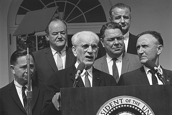 Democratic congressional leadership in 1965, including (from left to right): Albert, Hubert H. Humphrey, John W. McCormack, Hale Boggs, George Smather