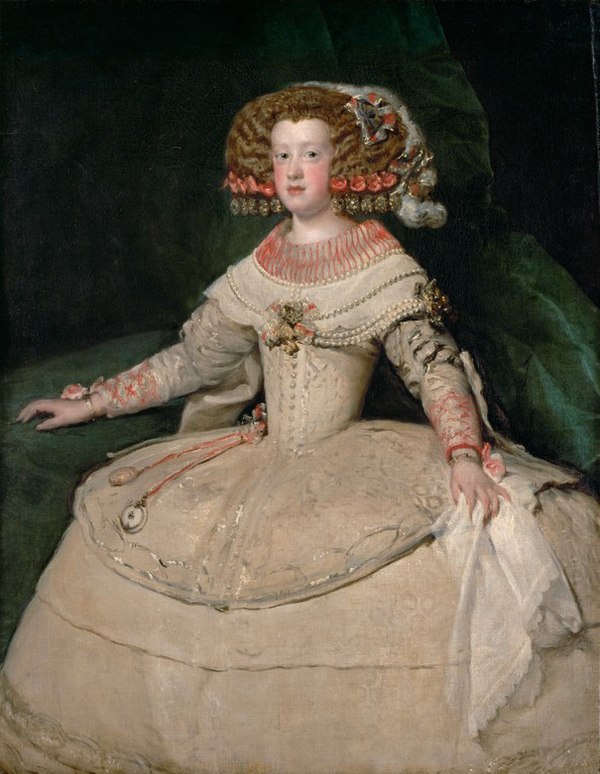 The infanta Maria Theresa aged 14 by Diego Velázquez, c. 1653. Her hairstyle and dress with wide panniers were popular in Spain.