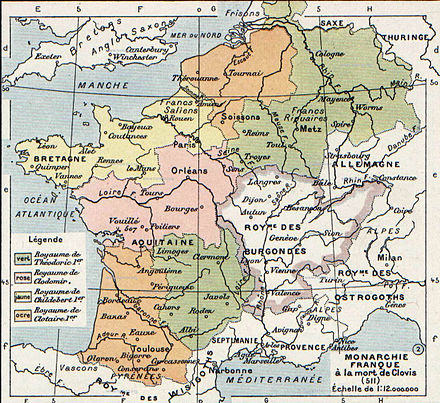 Realms of Merovingian Gaul at the death of Clovis (511 AD).