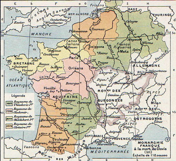 Realms of Merovingian Gaul at the death of Clovis (511 AD).