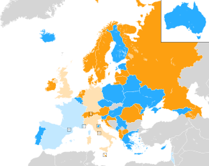 Results of the semi-final allocation draw for the 2020 contest, which was retained for 2021
.mw-parser-output .legend{page-break-inside:avoid;break-inside:avoid-column}.mw-parser-output .legend-color{display:inline-block;min-width:1.25em;height:1.25em;line-height:1.25;margin:1px 0;text-align:center;border:1px solid black;background-color:transparent;color:black}.mw-parser-output .legend-text{}
Participating countries in the first semi-final
Pre-qualified for the final but also voting in the first semi-final
Participating countries in the second semi-final
Pre-qualified for the final but also voting in the second semi-final ESC 2019 Semi-Finals 2.svg