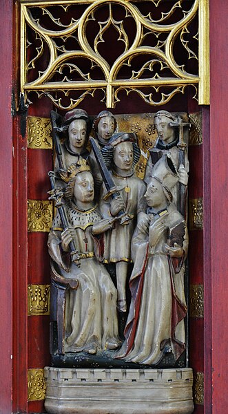 File:Elham, St. Mary's Church, c15th alabaster tryptych of St. Catherine decorating the south aisle altar 3 - geograph.org.uk - 5374268.jpg