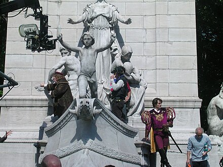 Timothy Spall and James Marsden during filming in Columbus Circle