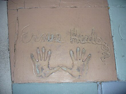 The handprints of Hudson are in front of the Great Movie Ride at Walt Disney World's Disney's Hollywood Studios theme park.